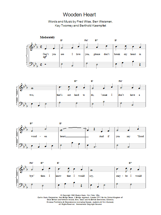 Elvis Presley Wooden Heart sheet music notes and chords. Download Printable PDF.