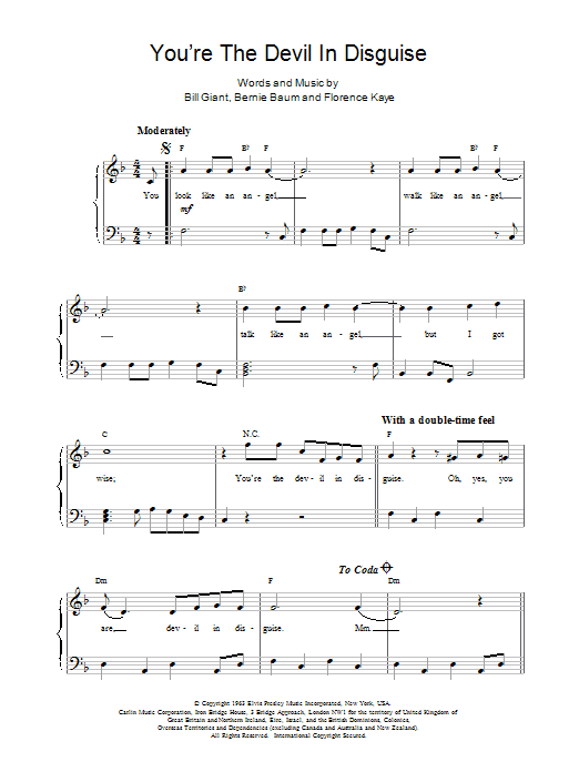 Elvis Presley (You're The) Devil In Disguise sheet music notes and chords. Download Printable PDF.