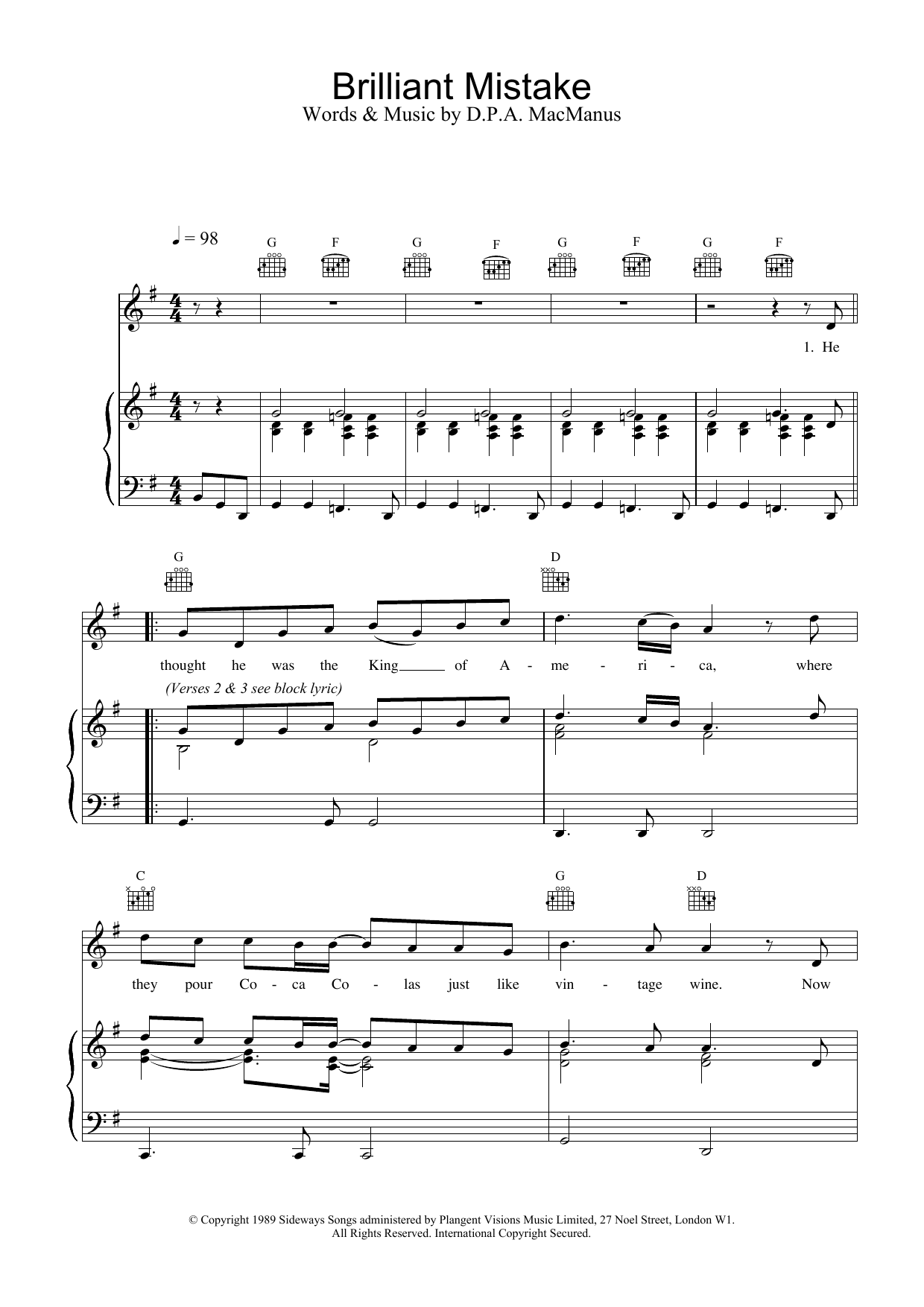 Elvis Costello Brilliant Mistake sheet music notes and chords. Download Printable PDF.