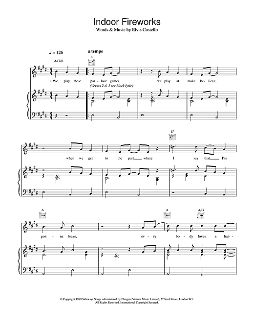Elvis Costello Indoor Fireworks sheet music notes and chords. Download Printable PDF.