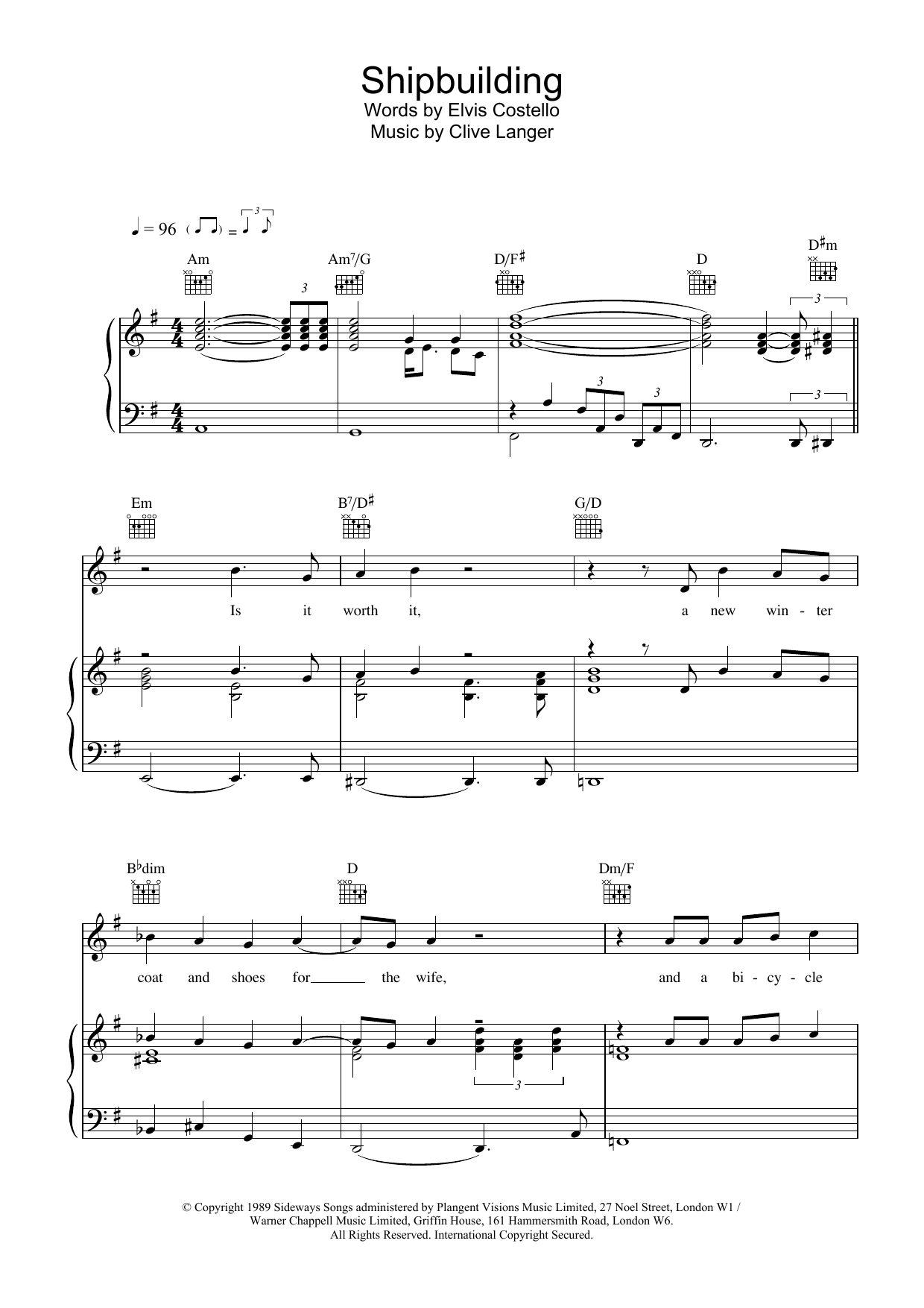 Elvis Costello Shipbuilding sheet music for Piano, Vocal & Guitar (Right-Hand Melody) in minutes. Price: 7.8900$ Elvis Costello Shipbuilding sheet music notes and chords. Download Printable PDF.
