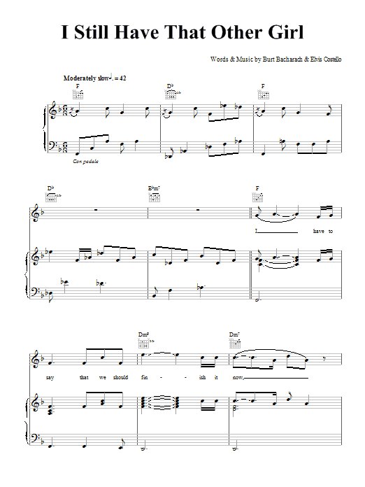 Learn to play Elvis Costello and Burt Bacharach I Still Have That Other Girl sheet music for Piano, Vocal & Guitar (Right-Hand Melody) in minutes. Price: 7.9900$ Elvis Costello and Burt Bacharach I Still Have That Other Girl sheet music notes and chords. Download Printable PDF.