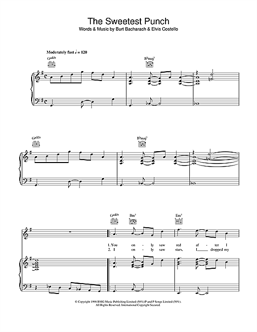 Learn to play Elvis Costello and Burt Bacharach The Sweetest Punch sheet music for Piano, Vocal & Guitar (Right-Hand Melody) in minutes. Elvis Costello and Burt Bacharach The Sweetest Punch sheet music notes and chords