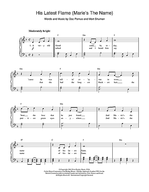 Elvis Presley (Marie's The Name) His Latest Flame sheet music notes and chords. Download Printable PDF.