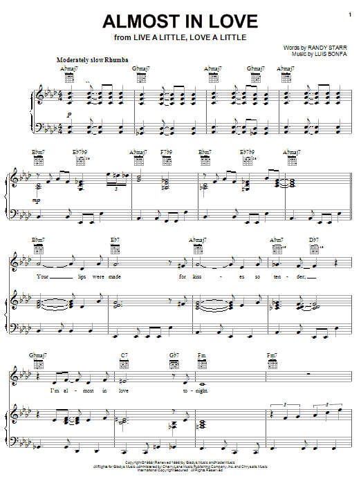 Elvis Presley Almost In Love sheet music notes and chords. Download Printable PDF.