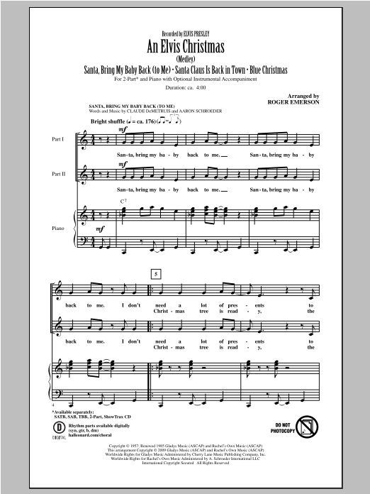 Elvis Presley An Elvis Christmas (arr. Roger Emerson) sheet music notes and chords. Download Printable PDF.