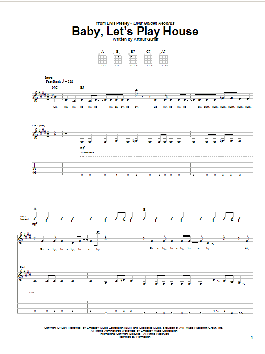 Learn to play Elvis Presley Baby, Let's Play House sheet music for Guitar Tab in minutes. Price: 6.9900$ Elvis Presley Baby, Let's Play House sheet music notes and chords. Download Printable PDF.