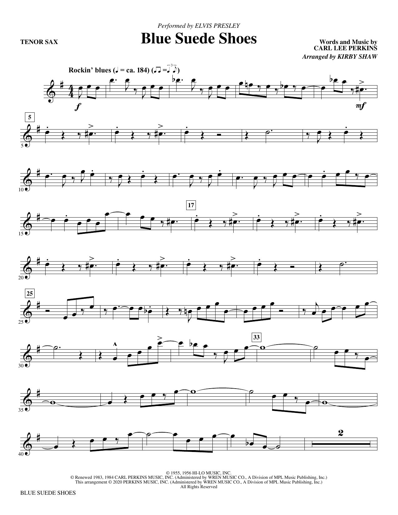 Learn to play Elvis Presley Blue Suede Shoes (arr. Kirby Shaw) - Bb Tenor Saxophone sheet music for Choir Instrumental Pak in minutes. Elvis Presley Blue Suede Shoes (arr. Kirby Shaw) - Bb Tenor Saxophone sheet music notes and chords. Download Printable PDF.