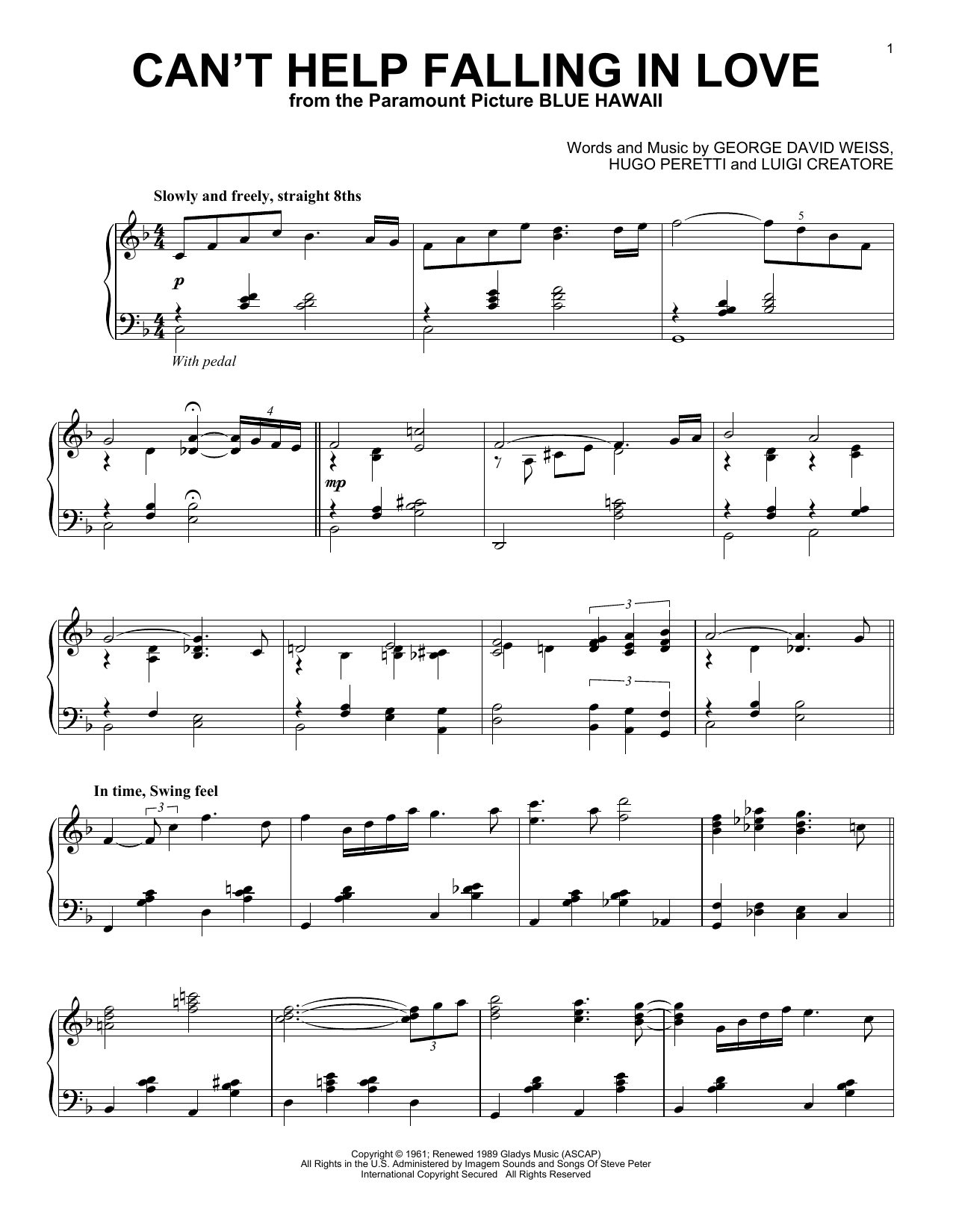Elvis Presley Cant Help Falling In Love Jazz Version Sheet Music Pdf Notes Chords Love