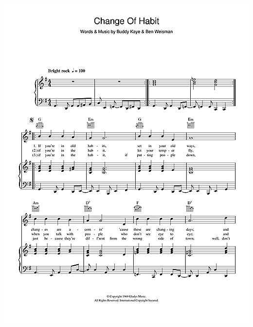 Elvis Presley Change Of Habit sheet music notes and chords. Download Printable PDF.