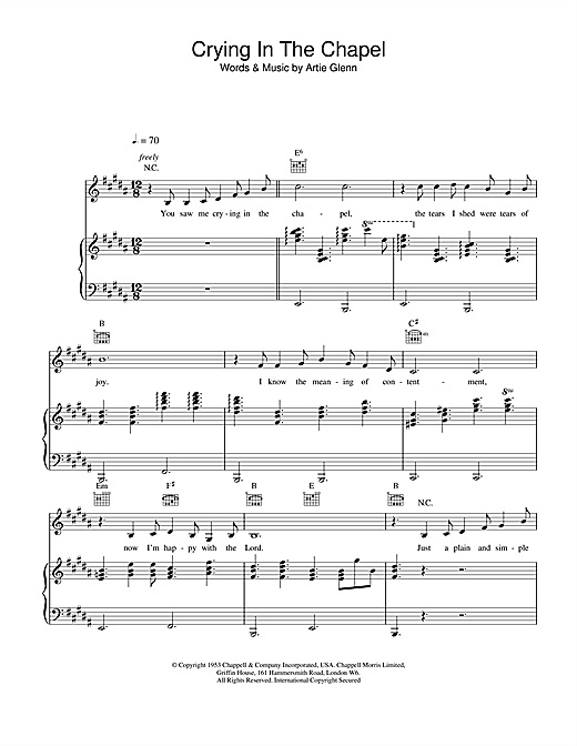 Elvis Presley Crying In The Chapel sheet music notes and chords. Download Printable PDF.