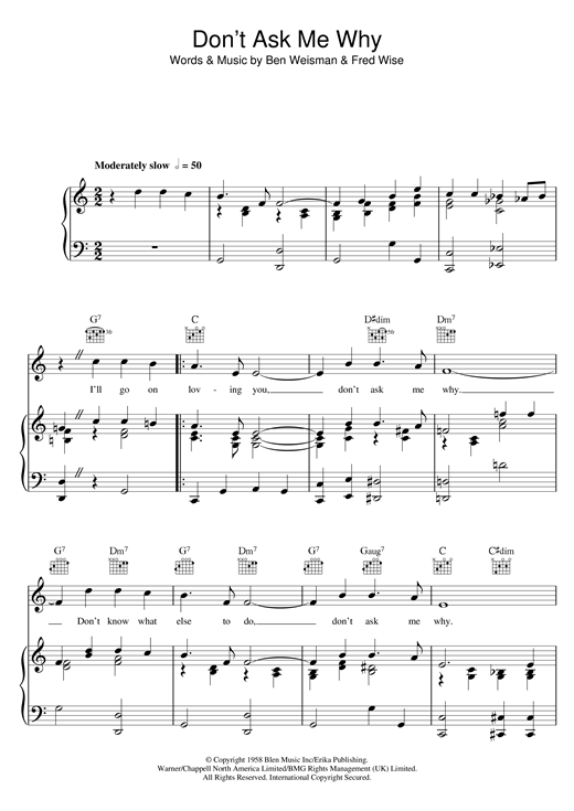 Learn to play Elvis Presley Don't Ask Me Why sheet music for Piano, Vocal & Guitar (Right-Hand Melody) in minutes. Elvis Presley Don't Ask Me Why sheet music notes and chords. Download Printable PDF.