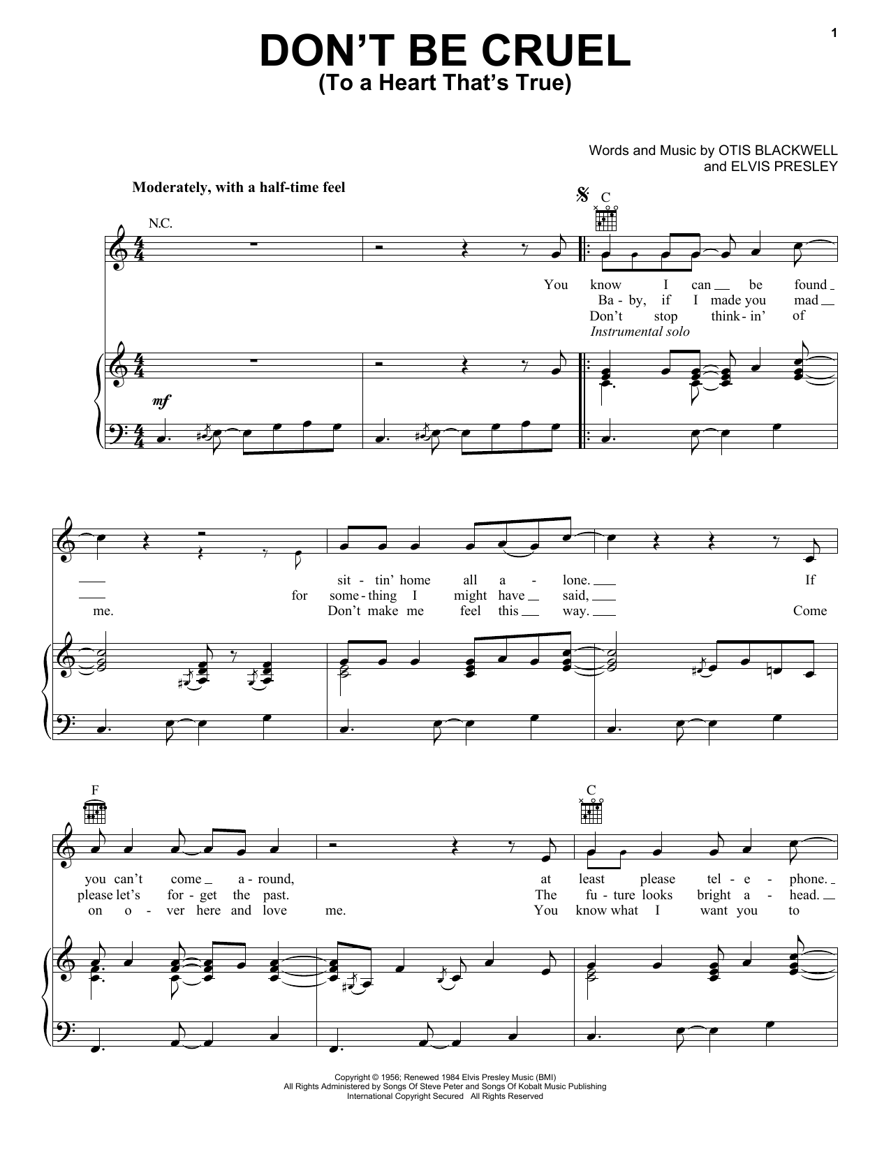 Elvis Presley Don T Be Cruel To A Heart That S True Sheet Music Pdf Notes Chords Pop Score Piano Vocal Guitar Right Hand Melody Download Printable Sku