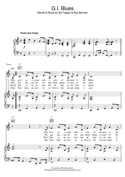 Elvis Presley G.I. Blues sheet music notes and chords. Download Printable PDF.