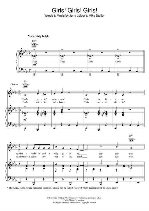 Learn to play Elvis Presley Girls! Girls! Girls! sheet music for Piano, Vocal & Guitar (Right-Hand Melody) in minutes. Elvis Presley Girls! Girls! Girls! sheet music notes and chords. Download Printable PDF.