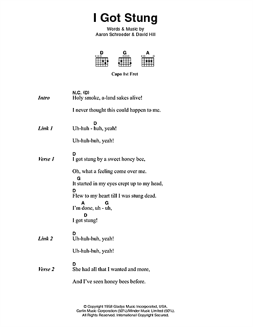 Elvis Presley I Got Stung sheet music notes and chords. Download Printable PDF.