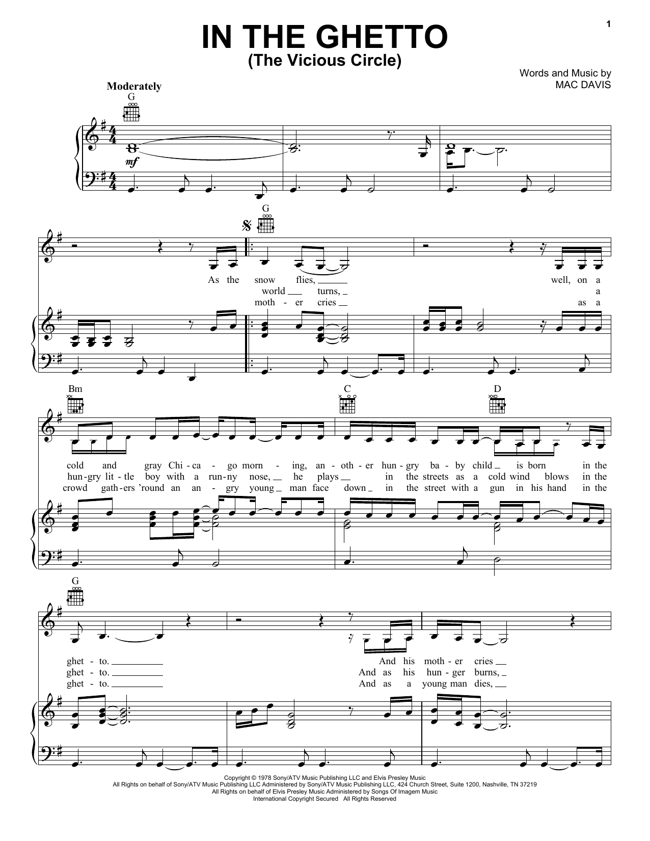 Elvis Presley In The Ghetto (The Vicious Circle) sheet music notes and chords. Download Printable PDF.