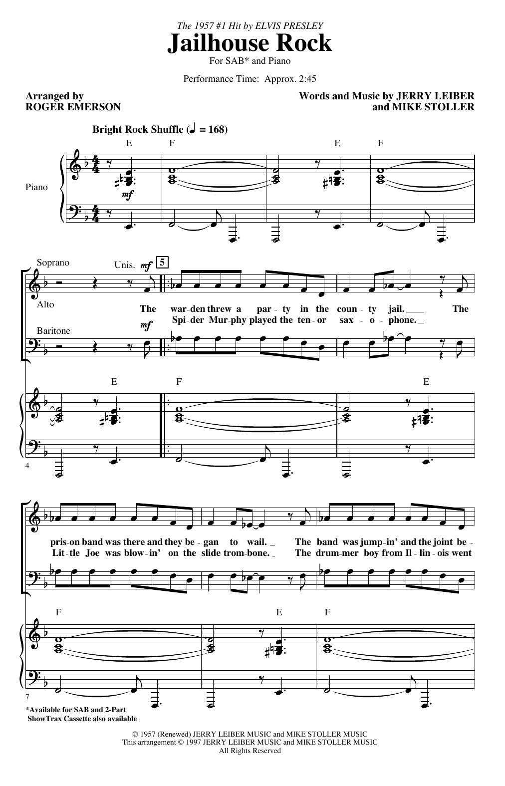 Elvis Presley Jailhouse Rock Arr Roger Emerson Sheet Music Pdf Notes Chords Pop Score Sab Choir Download Printable Sku 4380