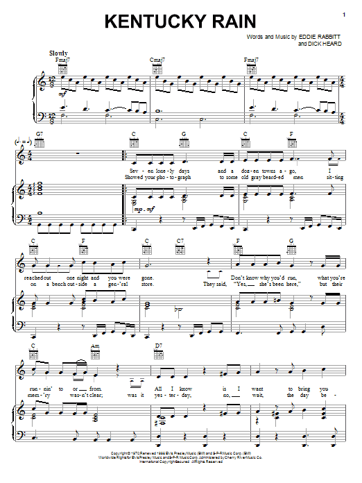 Learn to play Elvis Presley Kentucky Rain sheet music for Piano, Vocal & Guitar (Right-Hand Melody) in minutes. Elvis Presley Kentucky Rain sheet music notes and chords. Download Printable PDF.