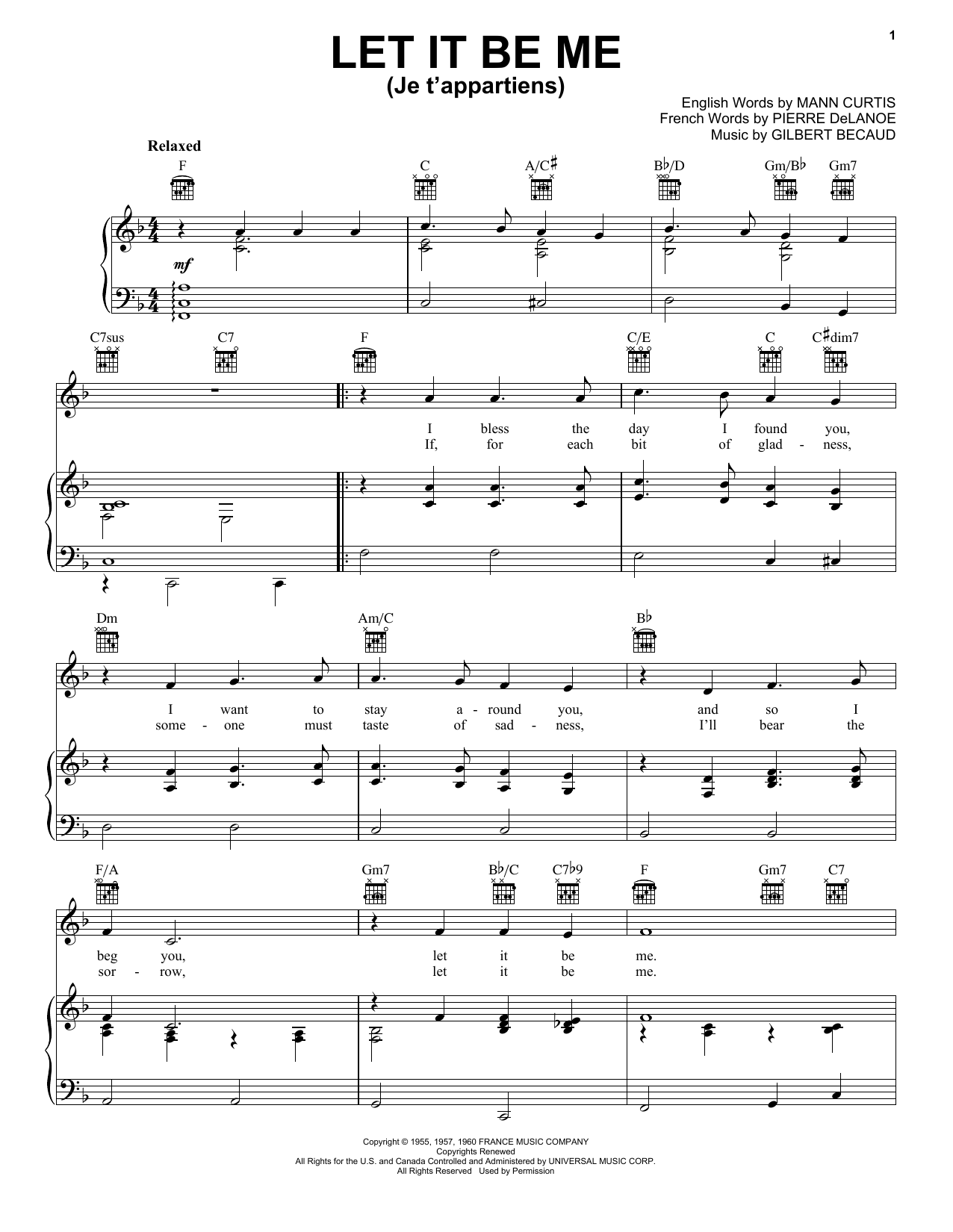 Elvis Presley Let It Be Me (Je T'appartiens) sheet music notes and chords. Download Printable PDF.
