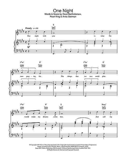 Elvis Presley One Night sheet music notes and chords. Download Printable PDF.
