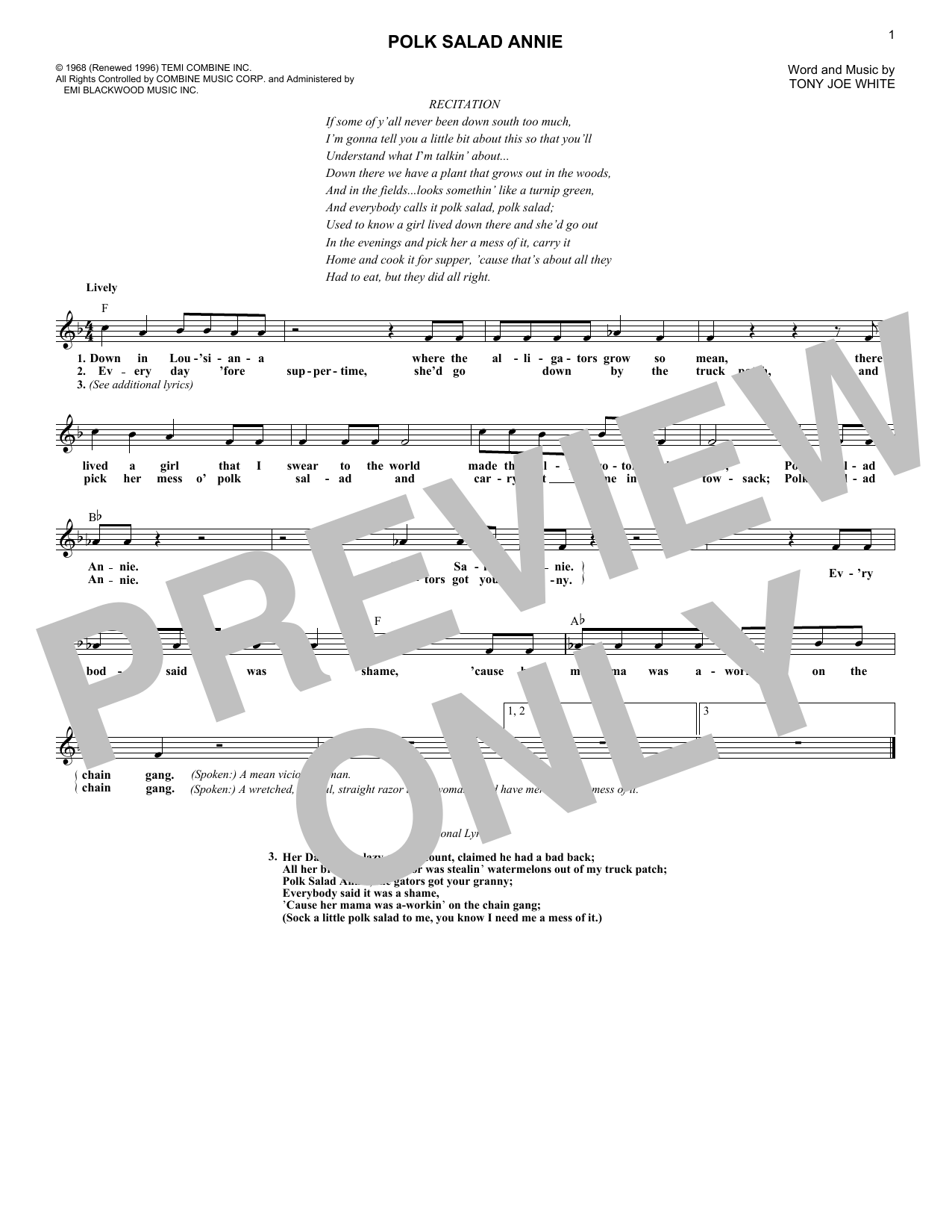 Elvis Presley Polk Salad Annie sheet music notes and chords. Download Printable PDF.
