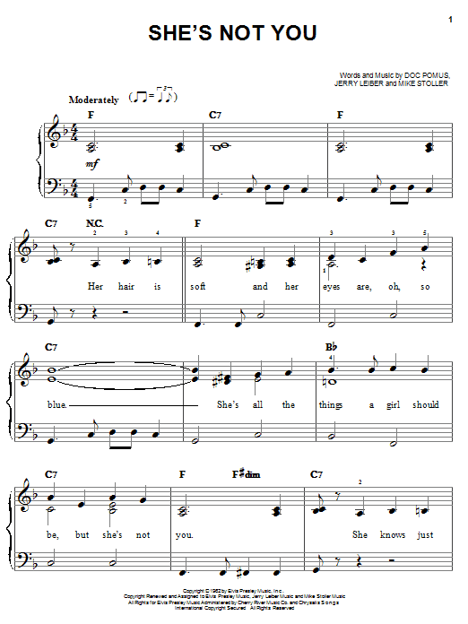 Preview Elvis Presley She's Not You Rock sheet music, notes and chords for Easy Piano, SKU: 25641 sheet music, piano notes, chords, guitar tabs, score, transpose, transcribe, how to play, guide, download, learn, tutorial, progression, song, artist, awards, billboard, mtv, vh1, tour, single, album, release