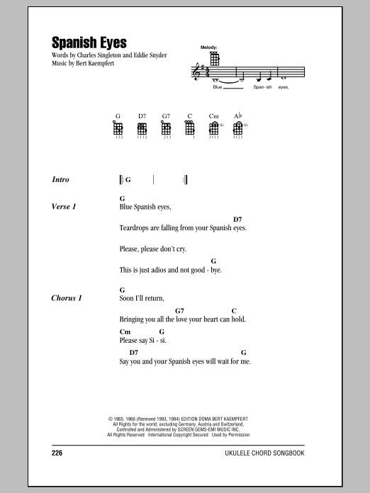 Elvis Presley Spanish Eyes sheet music notes and chords. Download Printable PDF.