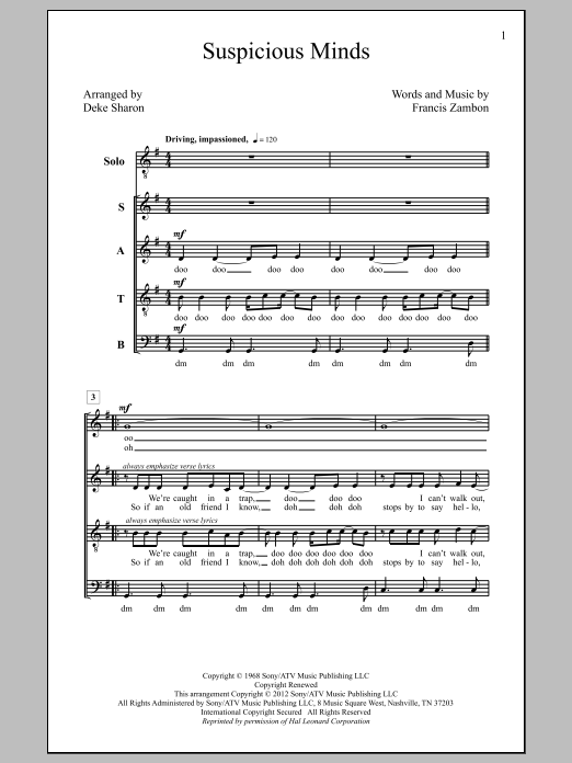 Learn to play Elvis Presley Suspicious Minds (arr. Deke Sharon) sheet music for SATB Choir in minutes. Elvis Presley Suspicious Minds (arr. Deke Sharon) sheet music notes and chords. Download Printable PDF.