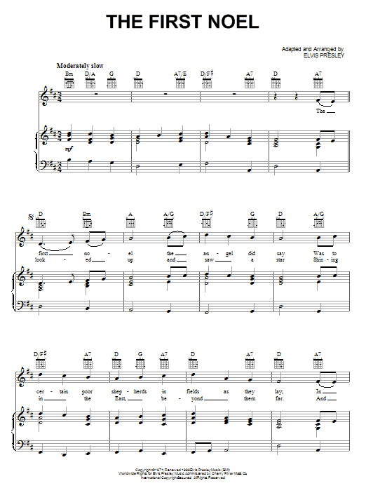 Learn to play Elvis Presley The First Noel sheet music for Piano, Vocal & Guitar (Right-Hand Melody) in minutes. Elvis Presley The First Noel sheet music notes and chords. Download Printable PDF.