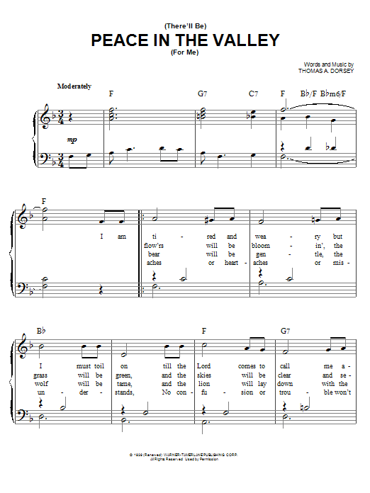 Learn to play Elvis Presley There Will Be Peace In The Valley For Me sheet music for Easy Piano in minutes. Elvis Presley There Will Be Peace In The Valley For Me sheet music notes and chords. Download Printable PDF.
