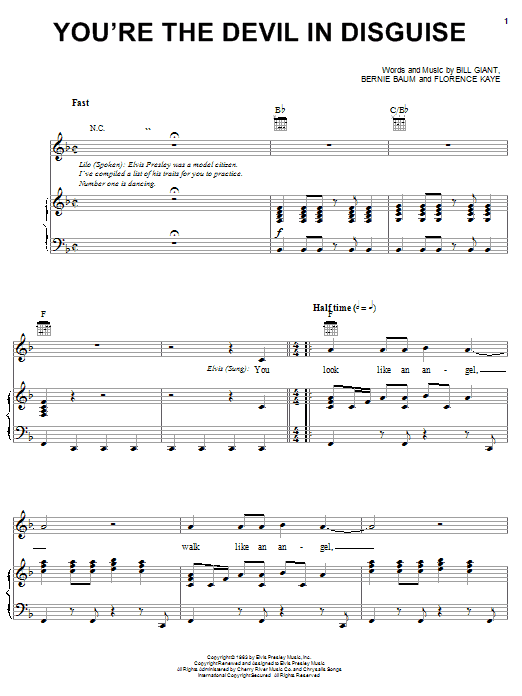 Learn to play Elvis Presley (You're The) Devil In Disguise sheet music for Piano, Vocal & Guitar in minutes. Elvis Presley (You're The) Devil In Disguise sheet music notes and chords. Download Printable PDF.