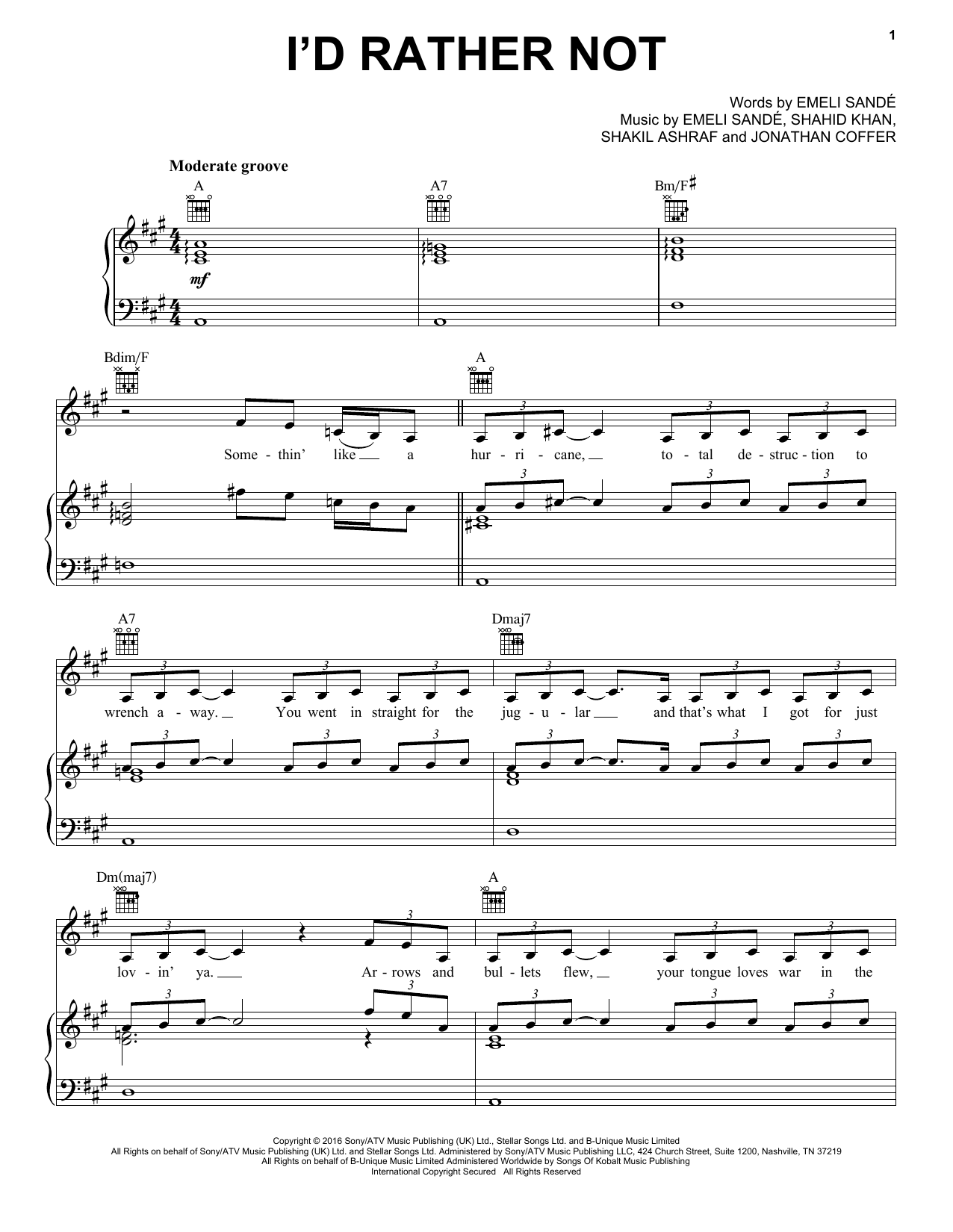 Emeli Sande I'd Rather Not sheet music notes and chords arranged for Piano, Vocal & Guitar Chords (Right-Hand Melody)