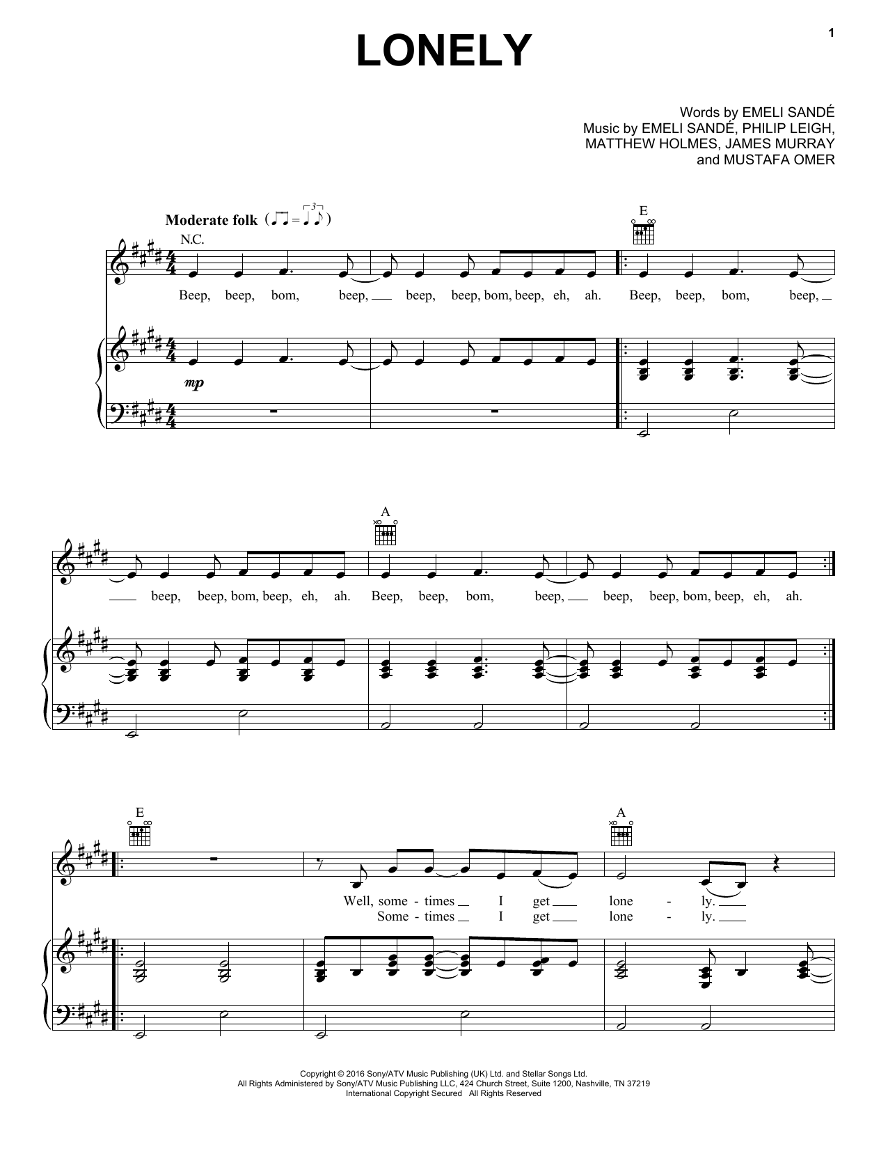 Emeli Sande Lonely sheet music notes and chords. Download Printable PDF.