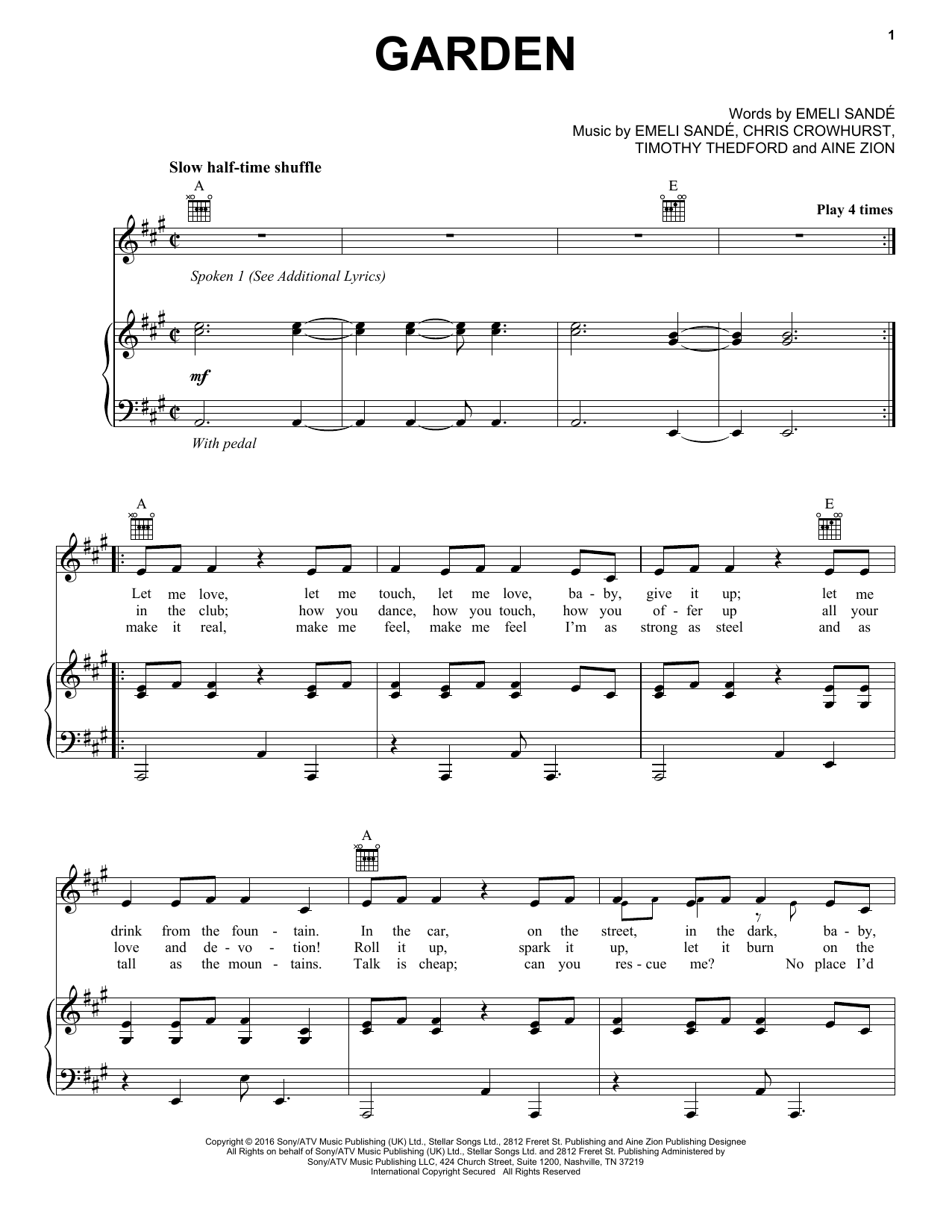 Learn to play Emeli Sande Garden (feat. Jay Electronica & Aine Zion) sheet music for Piano, Vocal & Guitar Chords (Right-Hand Melody) in minutes. Price: 7.8900$ Emeli Sande Garden (feat. Jay Electronica & Aine Zion) sheet music notes and chords arranged for Piano, Vocal & Guitar Chords (Right-Hand Melody)