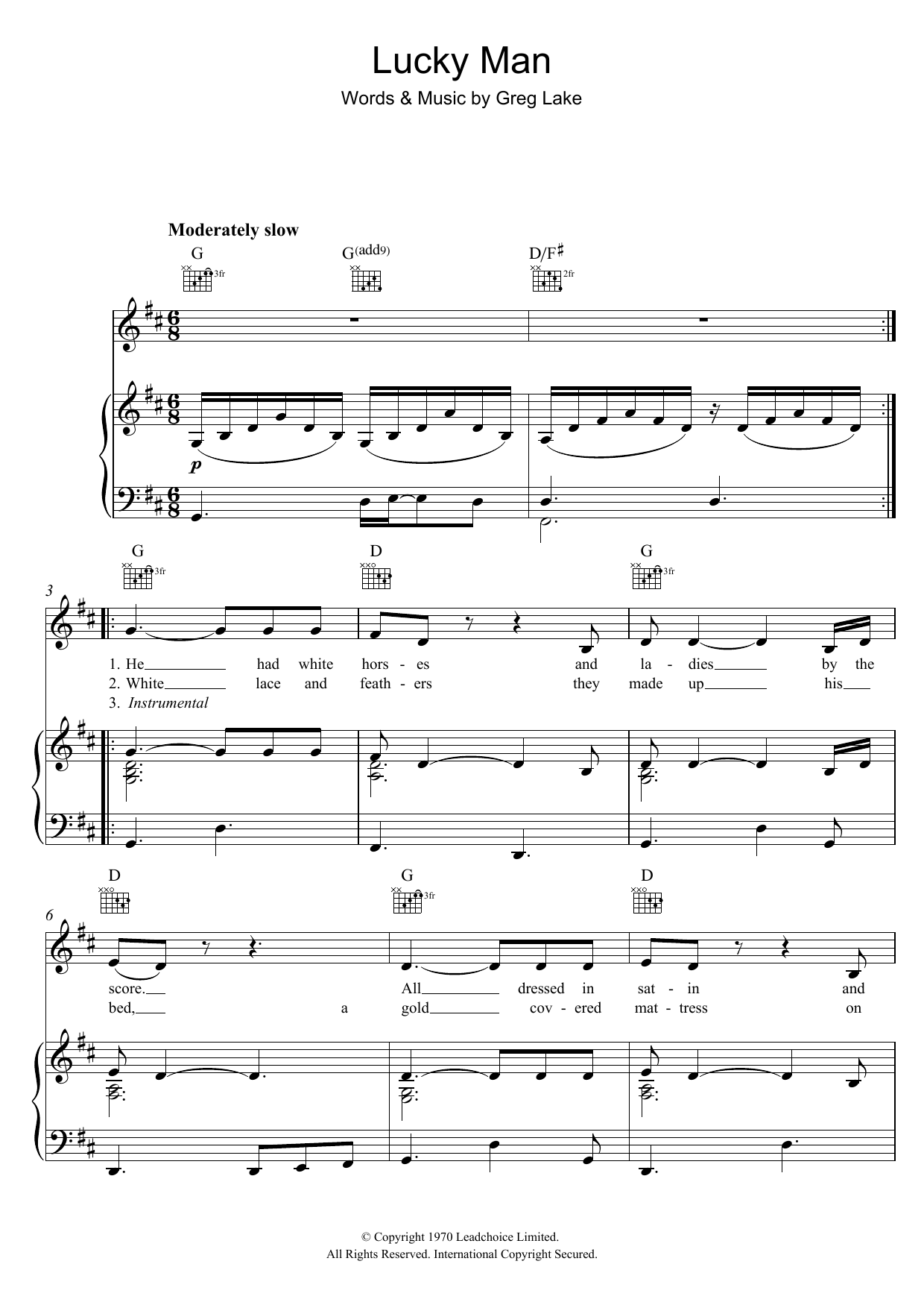 Emerson, Lake & Palmer Lucky Man sheet music notes and chords. Download Printable PDF.