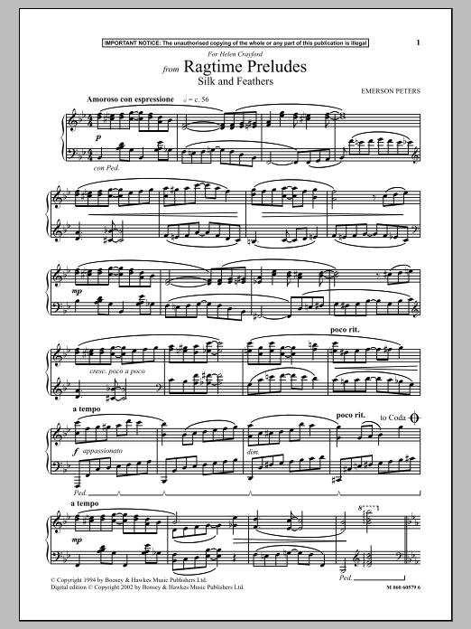 Learn to play Emerson Peters Silk And Feathers (from Ragtime Preludes) sheet music for Piano Solo in minutes. Emerson Peters Silk And Feathers (from Ragtime Preludes) sheet music notes and chords