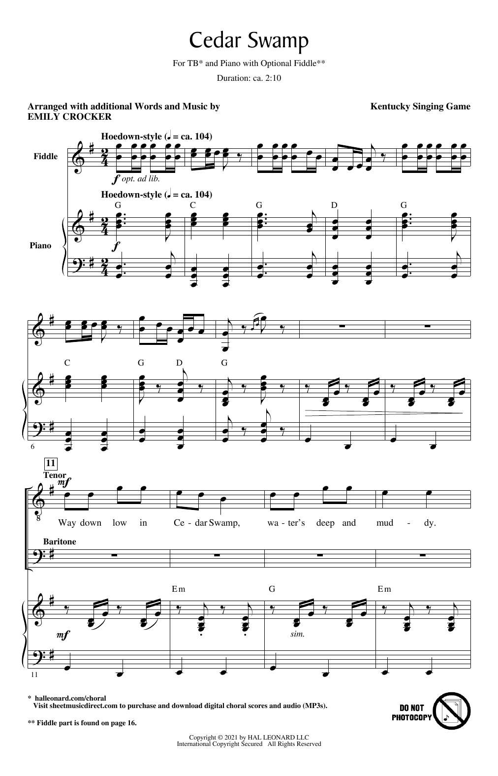 Emily Crocker Cedar Swamp sheet music notes and chords. Download Printable PDF.