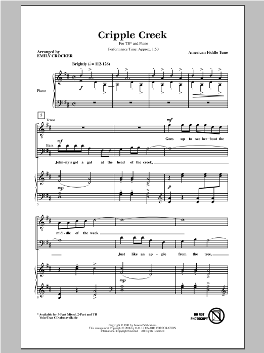 Emily Crocker Cripple Creek Sheet Music Pdf Notes Chords Concert Score Tb Choir Download Printable Sku 97931