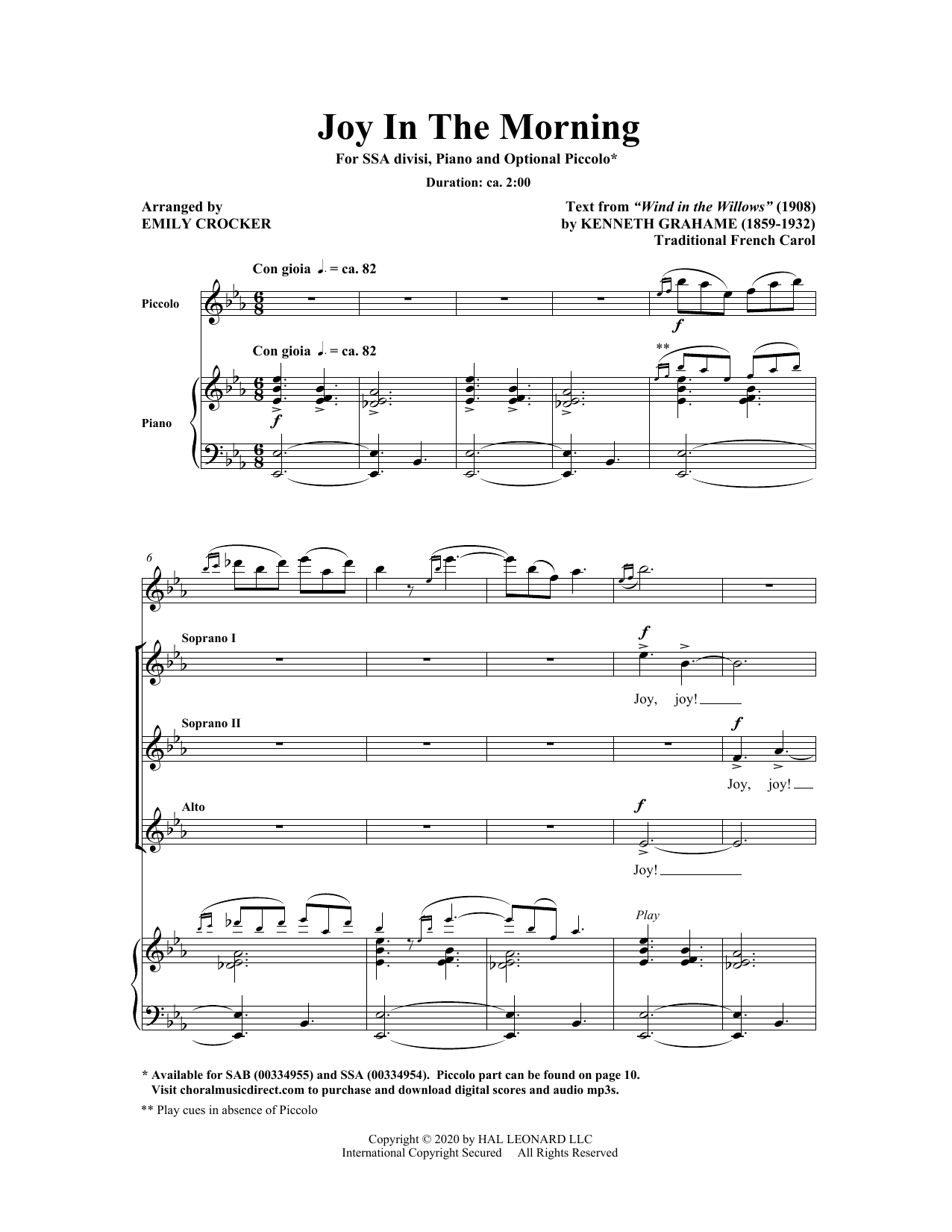 Learn to play Emily Crocker Joy In The Morning sheet music for SSA Choir in minutes. Price: 3.9900$ Emily Crocker Joy In The Morning sheet music notes and chords arranged for SSA Choir
