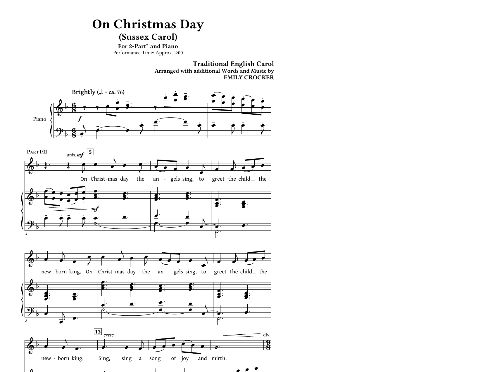 Learn to play Emily Crocker On Christmas Day (Sussex Carol) sheet music for 2-Part Choir in minutes. Price: 3.9900$ Emily Crocker On Christmas Day (Sussex Carol) sheet music notes and chords arranged for 2-Part Choir