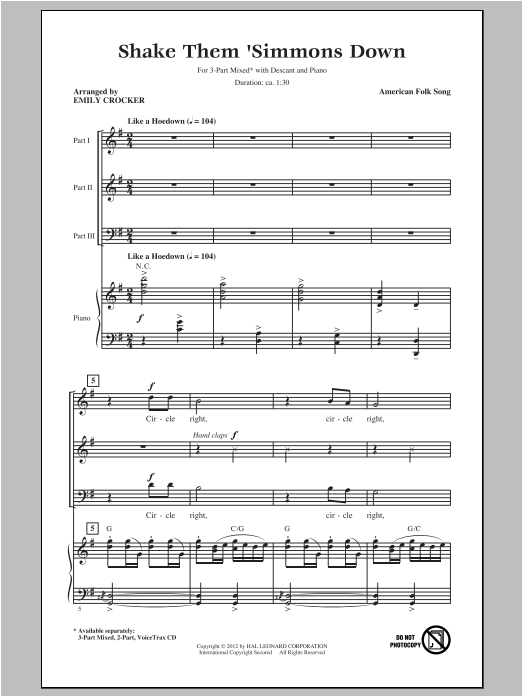 Traditional Shake Those 'Simmons Down (arr. Emily Crocker) sheet music notes and chords arranged for 3-Part Mixed Choir