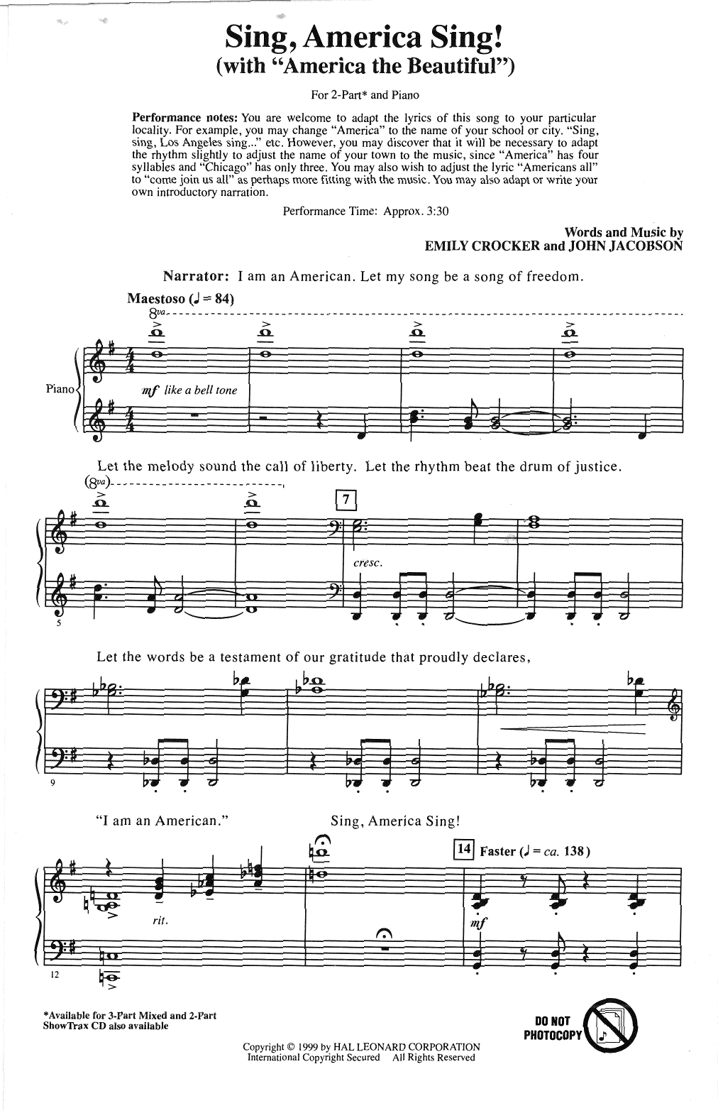 Learn to play Emily Crocker Sing, America Sing! sheet music for 2-Part Choir in minutes. Price: 3.9900$ Emily Crocker Sing, America Sing! sheet music notes and chords arranged for 2-Part Choir
