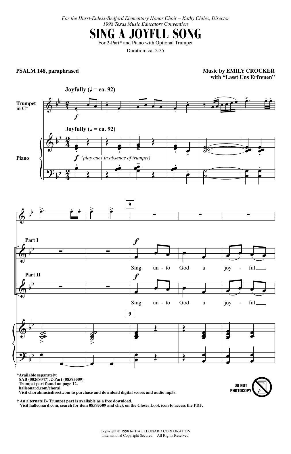 Learn to play Emily Crocker Sing A Joyful Song sheet music for 2-Part Choir in minutes. Price: 3.9900$ Emily Crocker Sing A Joyful Song sheet music notes and chords arranged for 2-Part Choir