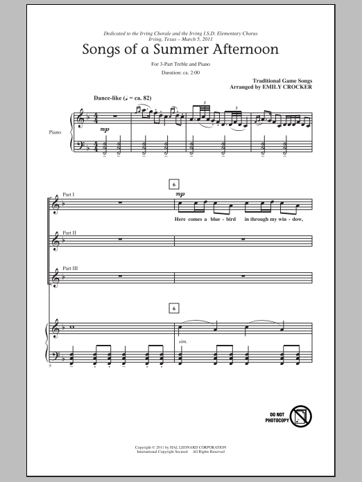 Learn to play Traditional Songs Of A Summer Afternoon (arr. Emily Crocker) sheet music for 3-Part Treble Choir in minutes. Price: 3.9900$ Traditional Songs Of A Summer Afternoon (arr. Emily Crocker) sheet music notes and chords arranged for 3-Part Treble Choir