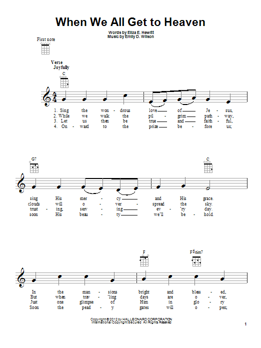 Learn to play Emily D. Wilson When We All Get To Heaven sheet music for Super Easy Piano in minutes. Emily D. Wilson When We All Get To Heaven sheet music notes and chords. Download Printable PDF.