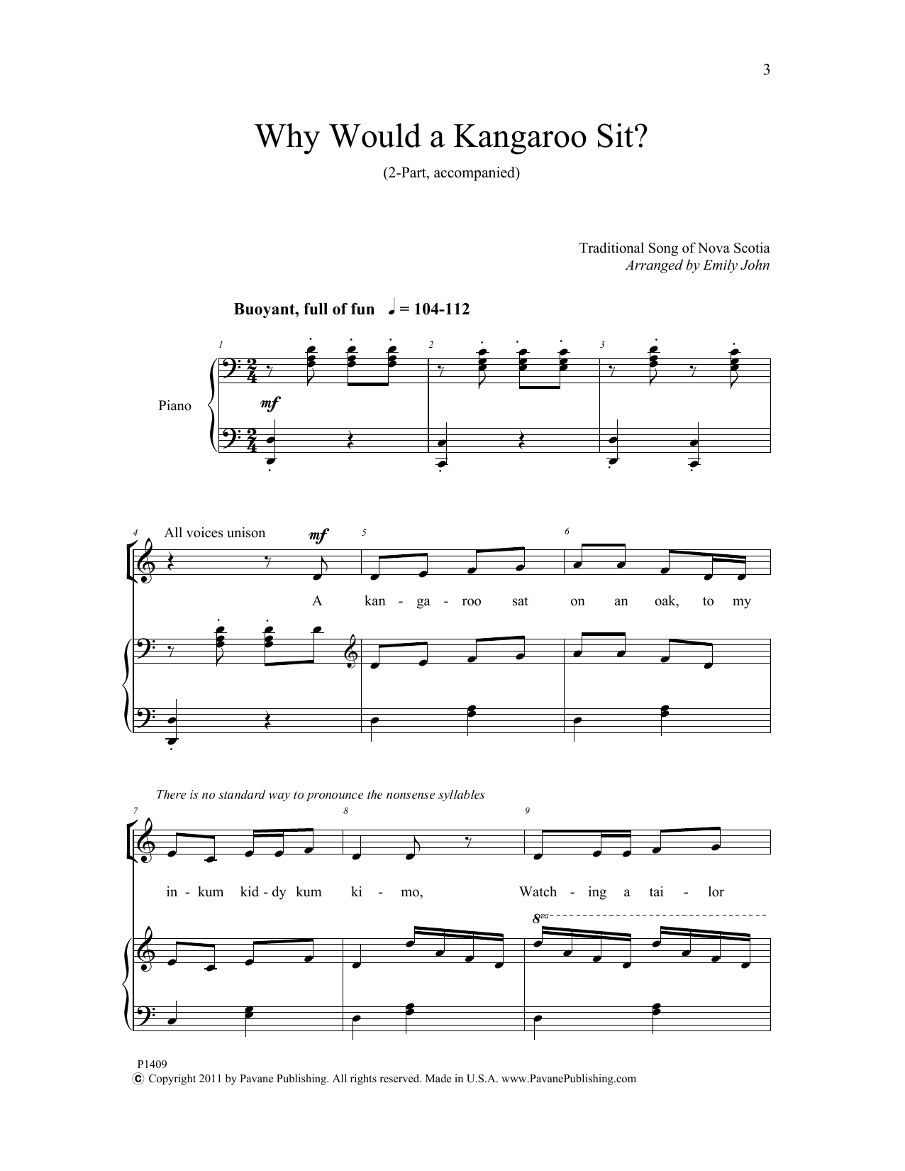 Learn to play Emily John Why Would a Kangaroo Sit? sheet music for 2-Part Choir in minutes. Price: 3.9900$ Emily John Why Would a Kangaroo Sit? sheet music notes and chords arranged for 2-Part Choir