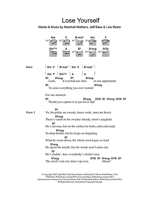 Eminem Lose Yourself sheet music notes and chords. Download Printable PDF.
