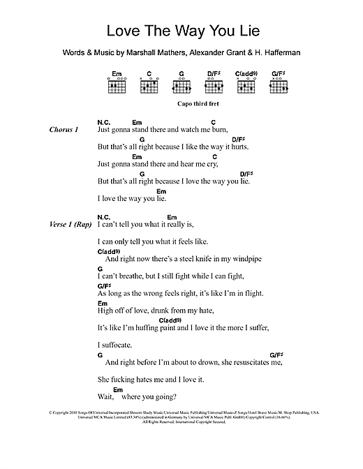 Eminem Love The Way You Lie Feat Rihanna Sheet Music Pdf Notes Chords Pop Score Guitar Chords Lyrics Download Printable Sku 105367
