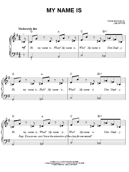 Eminem My Name Is sheet music notes and chords. Download Printable PDF.